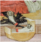 Martino di Bartolomeo, Leggenda di Santo Stefano, Il diavolo rapisce Stefano neonato e futuro santo, al suo posto mette un piccolo diavolo, particolare della culla con movimento testa-piedi, primi anni del XV secolo. Francoforte, Museo Städel.