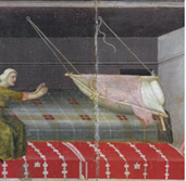 Simone Martini, Pala del beato Agostino Novello, Il beato Agostino Novello salva un bimbo caduto dalla culla, particolare con la culla sospesa, 1324. Siena, Pinacoteca Nazionale.
