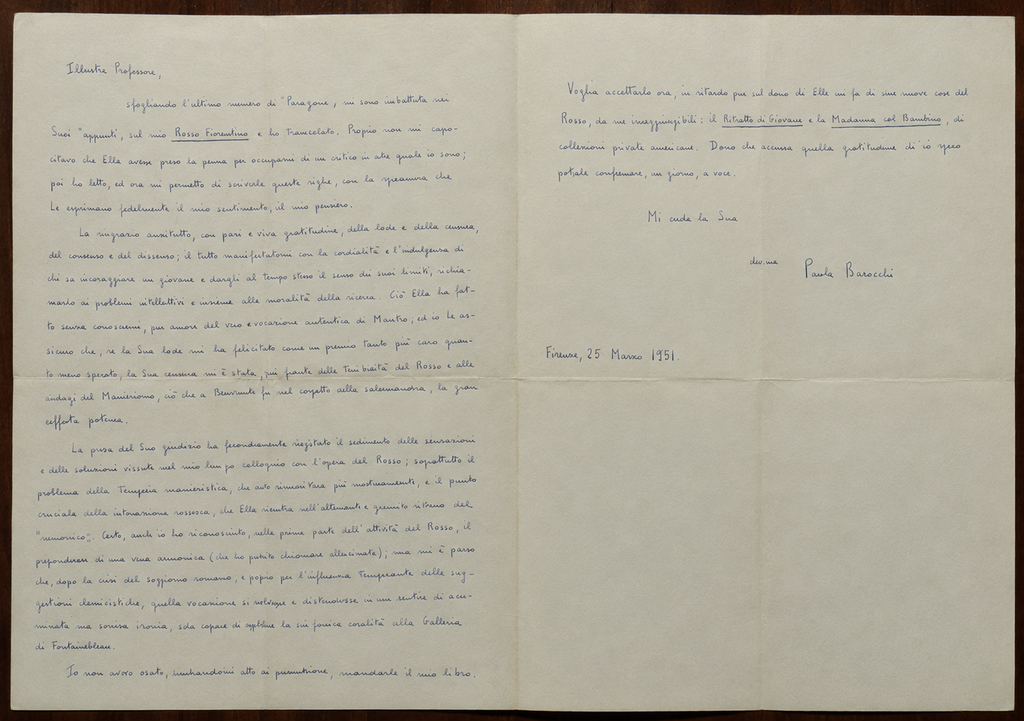 Bozza di una lettera di Paola Barocchi a Roberto Longhi