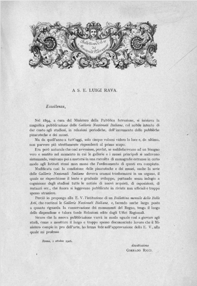 Ricci C., (1907), Relazione a S. E. Luigi Rava, 1° ottobre 1906, «Bollettino d’Arte», I, p.1