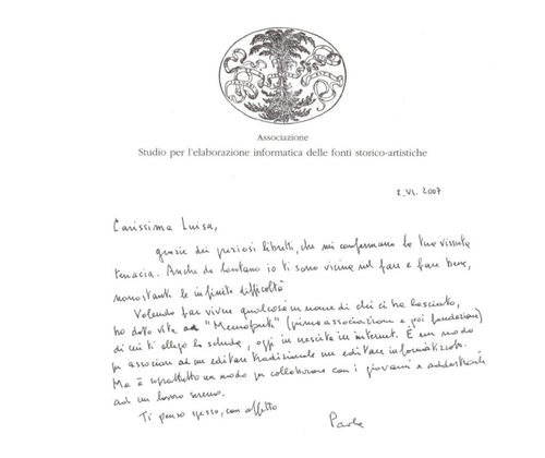 Biglietto di Paola Barocchi a Luisa Laureati del 2 giugno 2007